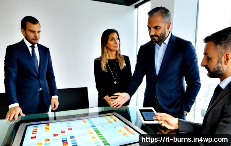Home 13 비즈니스 리스크 관리 혁신 사례 - Photorealistic Italian business risk management innovation scene, diverse executive team in a modern...