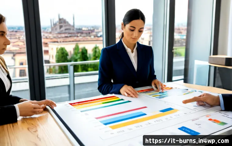 리스크 관리와 기업의 지속 가능성 - Photorealistic Italian business risk management scene, diverse executive team in a bright Milan offi...