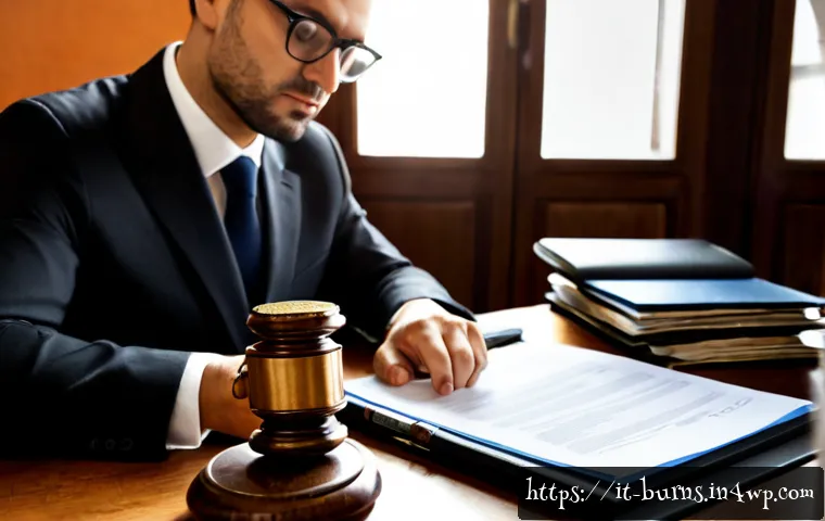 법적 리스크 관리의 필수 지식 - Photorealistic Italian legal professional in a refined Milan office, carefully reviewing neatly arra...